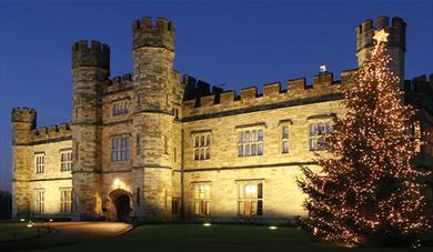 Leeds Castle at night with lit up Christmas tree