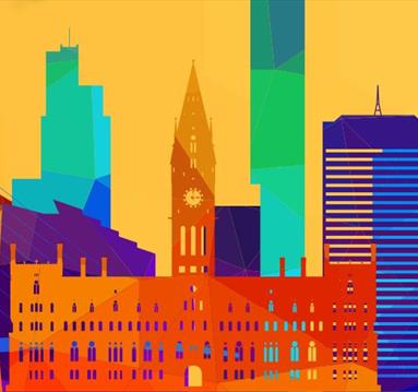 A graphic of the Manchester skyline with bold and vivid colours