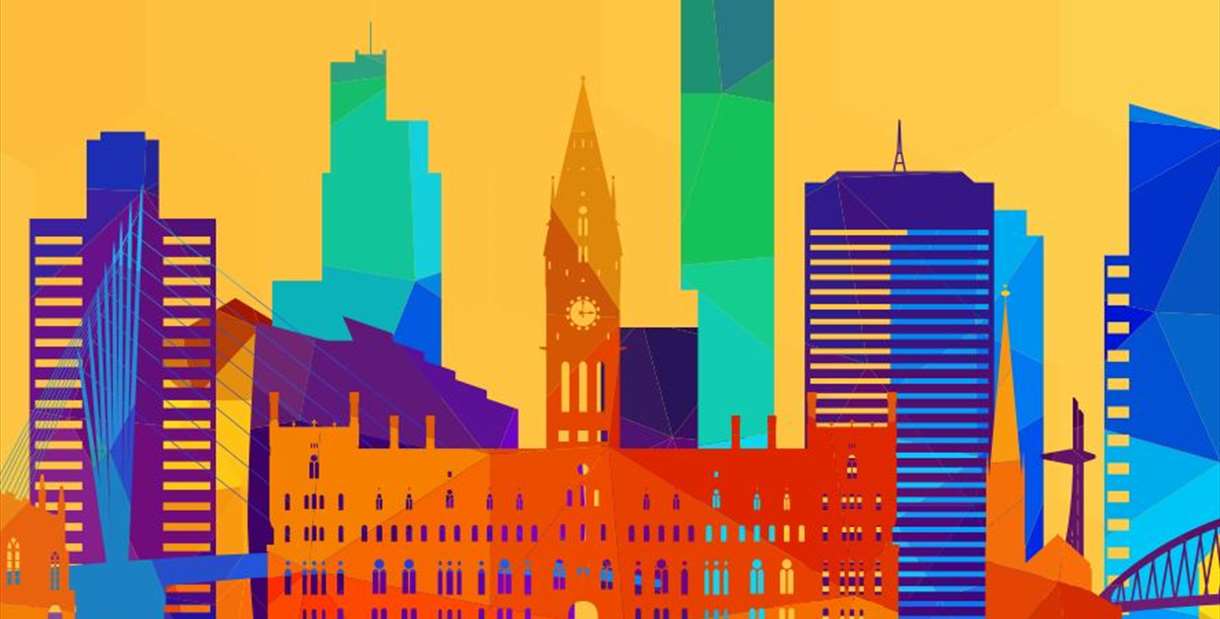 A graphic of the Manchester skyline with bold and vivid colours