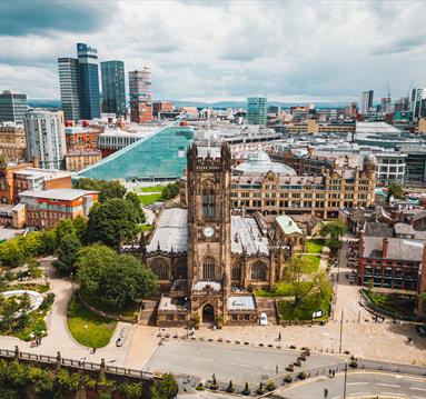 Drone view of cathedral in Manchester