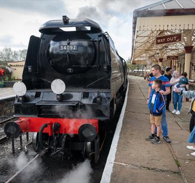 Families on a platform with steam train