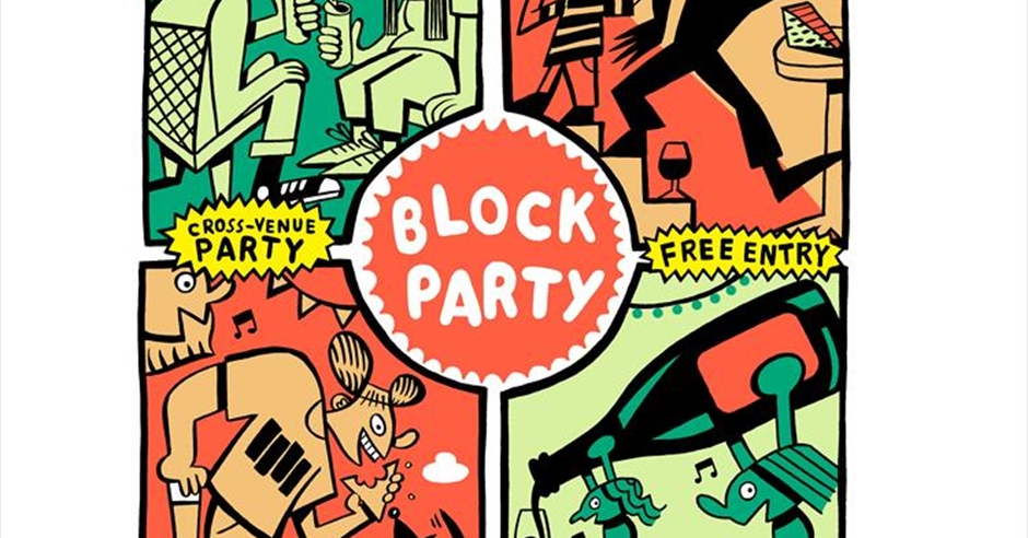 Block Party Poster Layout with Green and Orange Accents Stock