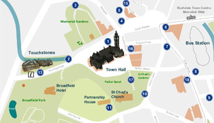 A map of Rochdale Town Centre - Blue Plaque Trail.