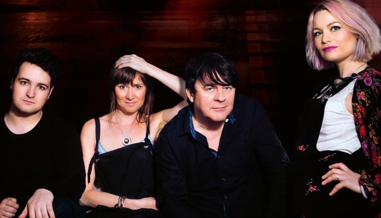 Four musicians, dark background