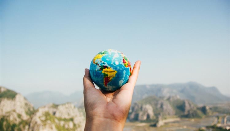 Person Holding World Globe Facing Mountain