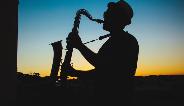 Silhouette of a Man Playing Saxophone during Sunset