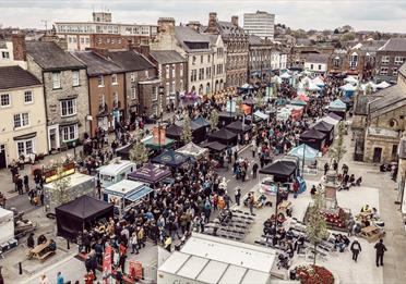 Ariel view of Market Place and the Bishop Auckland Food Festival