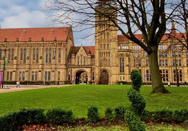 Brunswick Park in the sunshine, with a view of the amazing Whitworth Hall