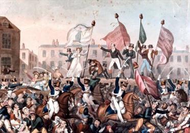 A coloured print of the Peterloo Massacre