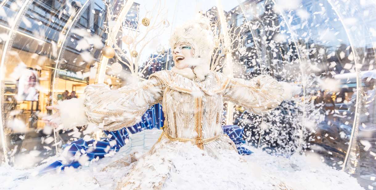 Snow queen at Festive Sundays in Manchester City Centre