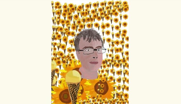 Drawing: man, ice cream, sunflowers