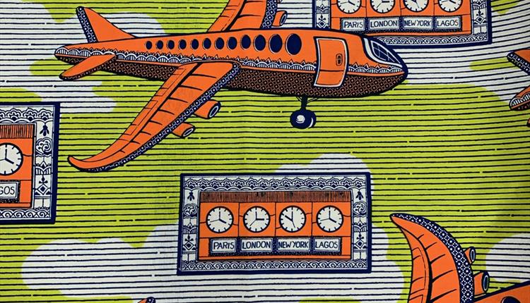 Image: Vlisco, ‘Dutch Wax’ cloth depicting orange planes