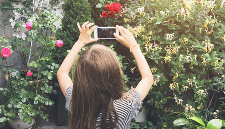 Girl taking a picture of a flower