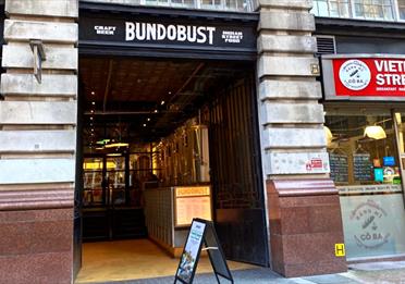 The opening front of Bundobust Brewery from a street view on Oxford Road.