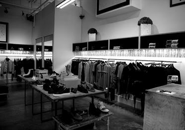 Black and white photo inside the INTRO store.