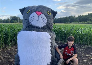 child next to a large size Mog