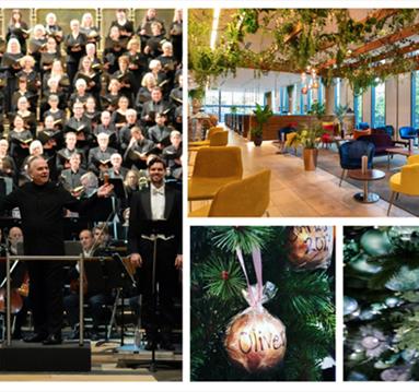 Collage: choir, hotel, Christmas bauble