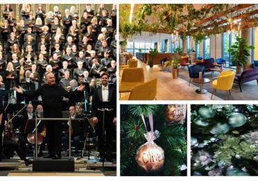 Collage: choir, hotel, Christmas bauble