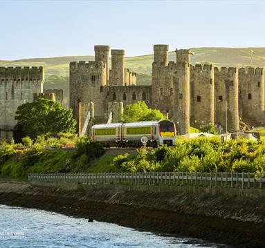 Train on the tracks in front of a castle