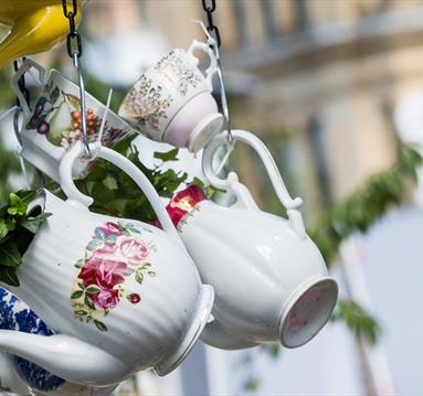 Teapots and cups hung with foliage