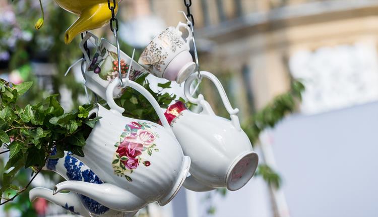 Teapots and cups hung with foliage