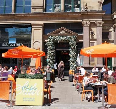 Entrance and outside dining area at Salvi's Mozzarella Bar and Restaurant, Corn Exchange, Manchester