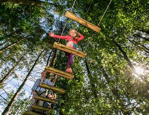 Young girl walks through the trees on a suspended bridge at the Jungle NI