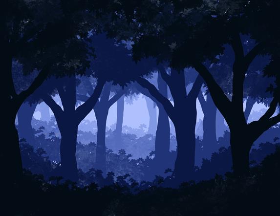 Cartoon image through trees at night