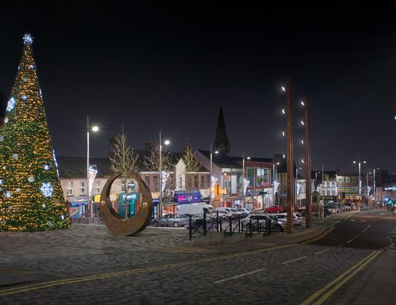 Market Square in Dungannon pictured at night with Christmas tree and lights