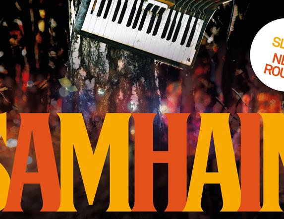 Image with the words SAMHAIN in orange and red and an accordian