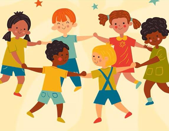 Cartoon image of kids holding hands in a circle