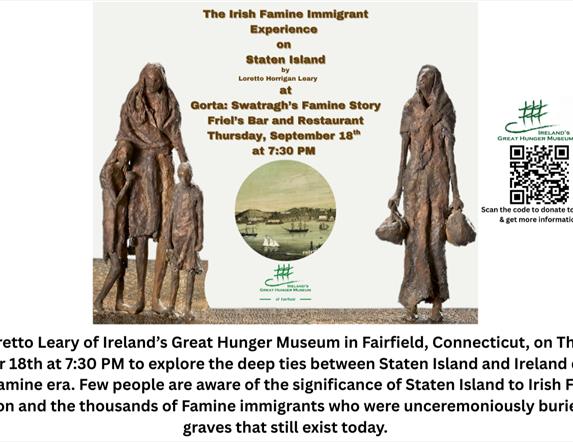 Image of flier providing details of the Loretto Leary's talk of The Irish Immigrant Experience on Staten Island.