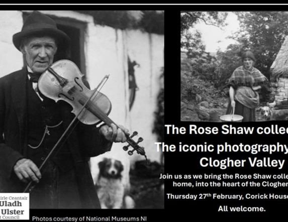 Black and white images, one of a man playing a violin and the other of a lady holding a bucket