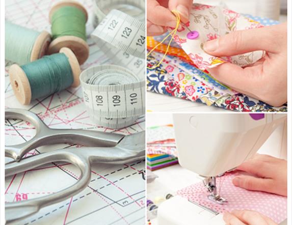 Images of 3 spools of green thread, a silver pair of scissors and measuring tape.  Also an image of a hands sewing a floral piece of material and pink