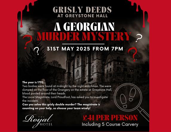 black and red poster with event details and black and grey image of a house in the background