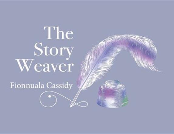Light purple background with white writing and image of feather pen