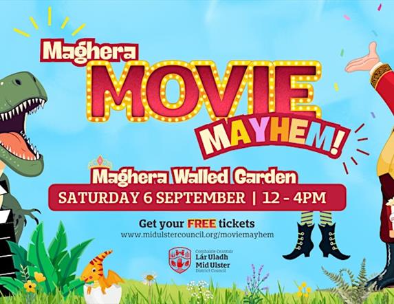 Poster with circus master and dinosaur promoting the event