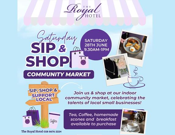 Blue background with event detail in purple writing and images of the products, a cup of tea and a fry