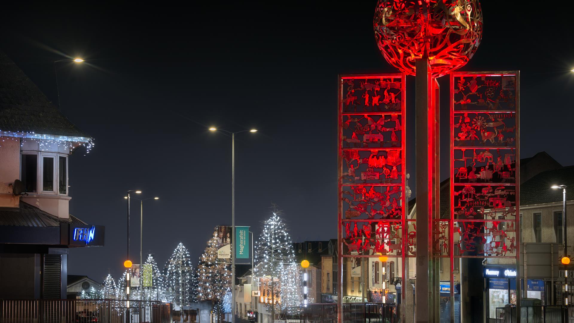 Magherafelt town lit up with white Christmas lights