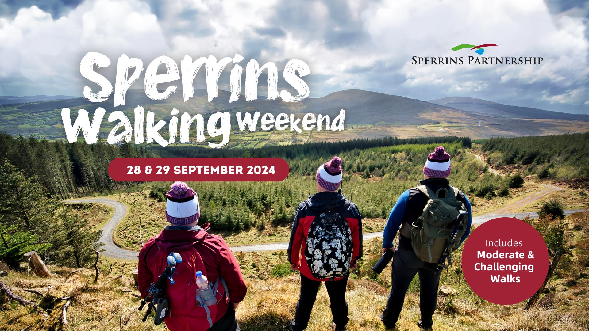 Image of three men standing on a grass hill overlooking mountains and a forest with a red banner and Sperrins Walking Weekend written in white writing.