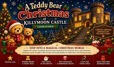 Christmas trees at front of a brightly lit castle and 2 teddy bears, with one dressed in Santa hat and scarf.