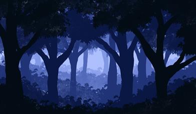Cartoon image through trees at night 
