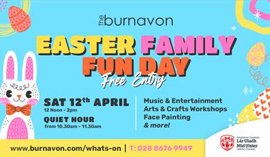 Colourful poster with Easter eggs and a bunny with Easter family fun day in bold colourful letters