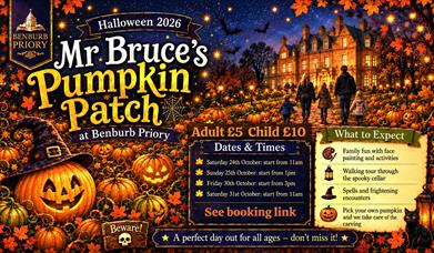 Poster showing Mr Bruce's halloween pumpkins and an autumnal backdrop with Benburb Priory.