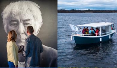 Couple looking at large black and white image of Seamus Heaney and approximately 12 people on small boat on Lough Neagh