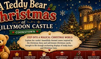 Christmas trees at front of a brightly lit castle and 2 teddy bears, with one dressed in Santa hat and scarf.