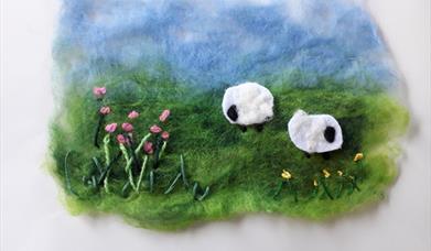 Wet felt making - Spring scene with sheep and flowers 