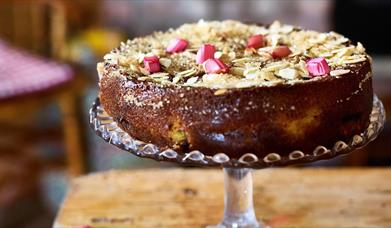 Image of a cake on a glass cake stand with rhubarb on top