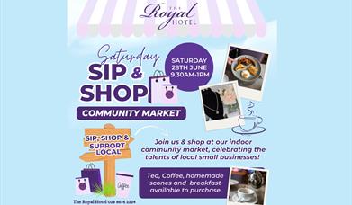 Blue background with event detail in purple writing and images of the products, a cup of tea and a fry