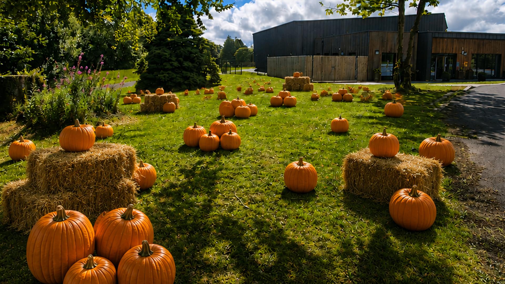 Lots of pumpkins spread out over the grass area and under the trees